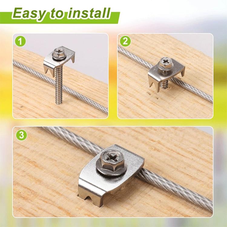 Metal fence staple clamping wire to wood post, hex head screw fastener