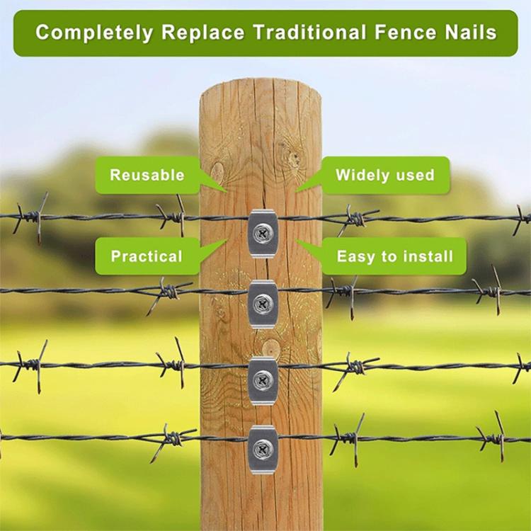 Metal fence staples on wire fence, hex-head screw fasteners for reuse