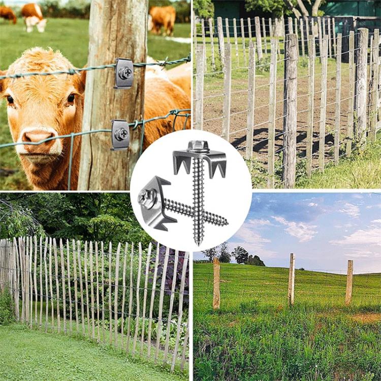 Metal fence staple fasteners on wire fence line, hex-head threaded anchors