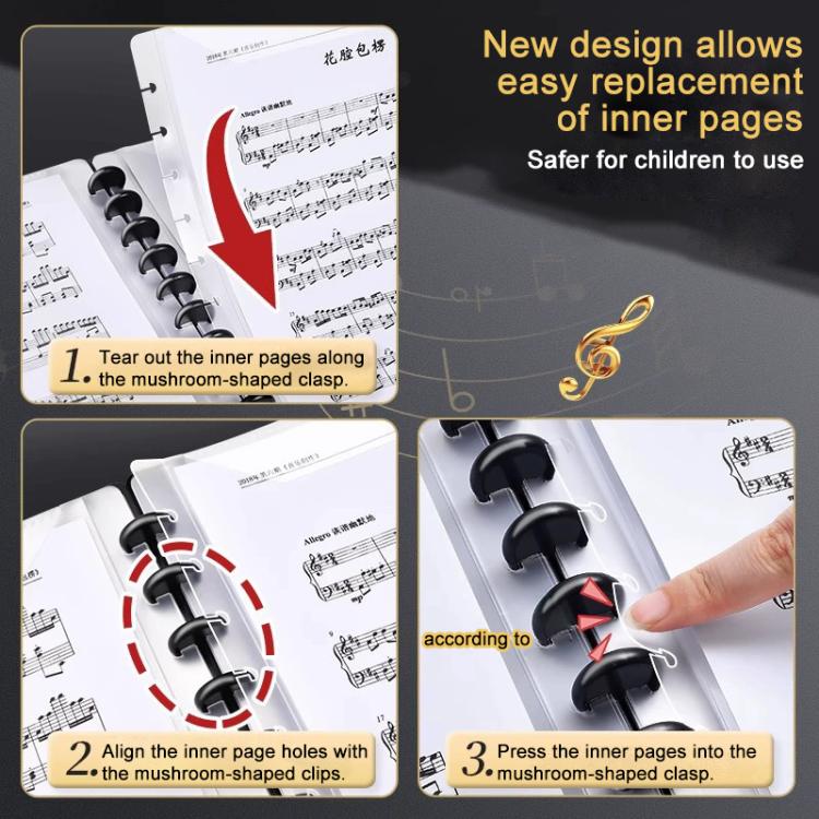 A4 music binder folder showing mushroom-shaped button clips holding inner pages
