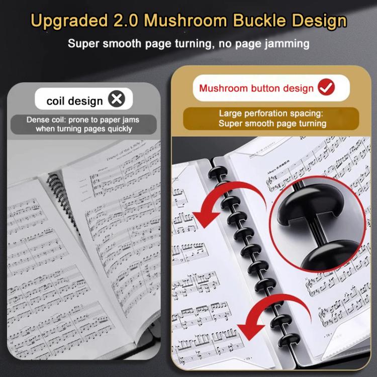 Black A4 music binder folder showing mushroom button buckle and smooth page turning