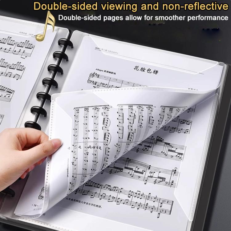 Black A4 music sheet binder folder with double-sided pages and spiral ring mechanism