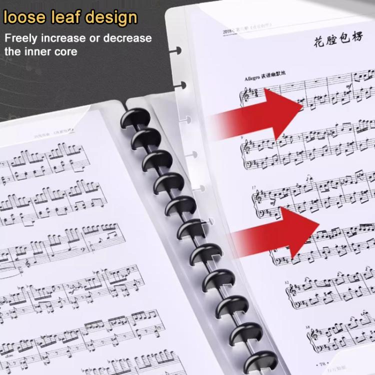 Black A4 music binder folder open with mushroom button rings and flexible loose-leaf pages