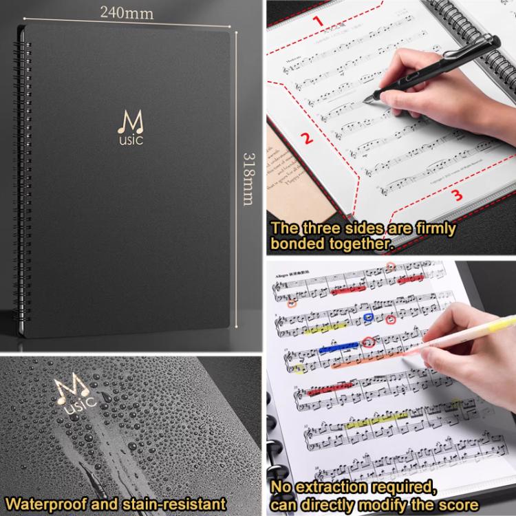 Black A4 music binder folder cover with water-resistant textured finish and mushroom button rings