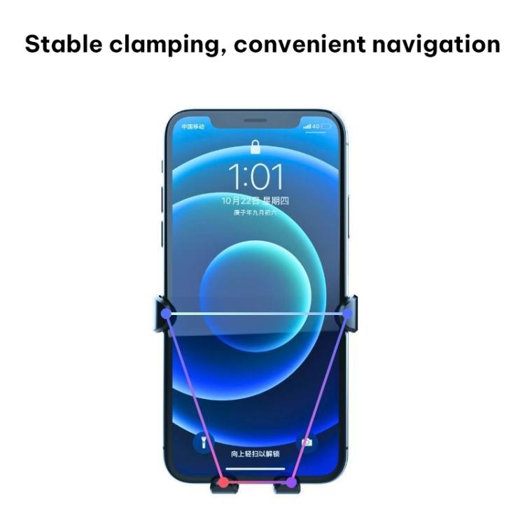 Gravity snap-on phone holder with clamps holding a smartphone, front view