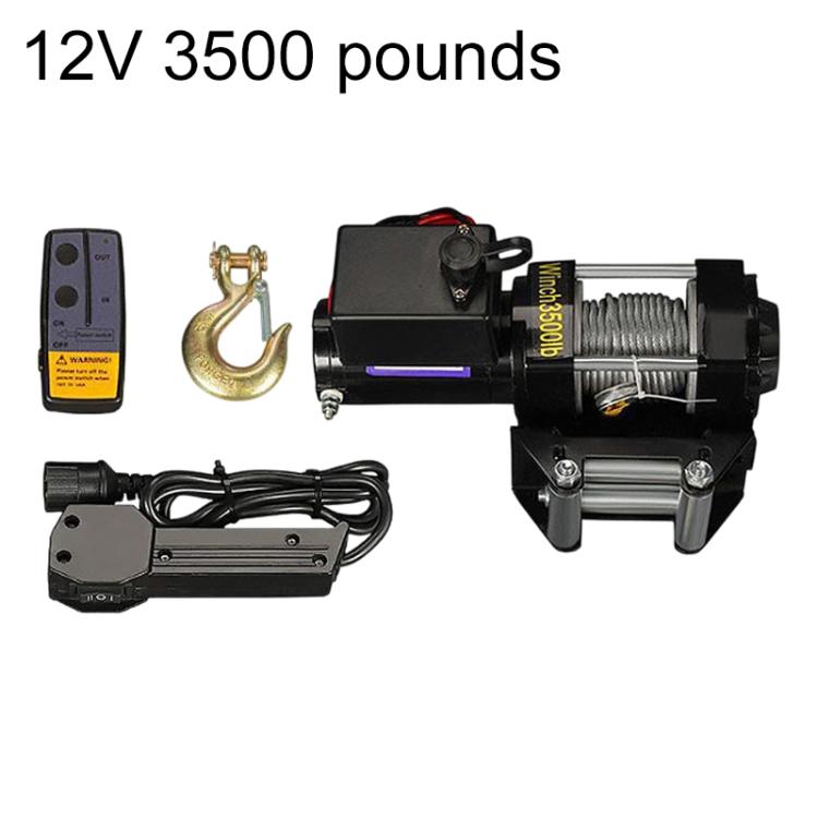 12V 3500-lb electric winch kit with wireless remote, hook, and control wiring