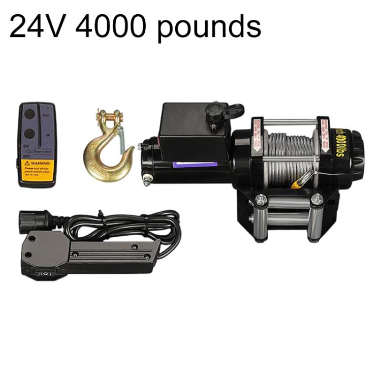24V 4000-lb electric winch kit with wireless remote, hook, and control wiring