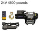24V 4500-lb electric winch kit with wireless remote, hook, and control wiring