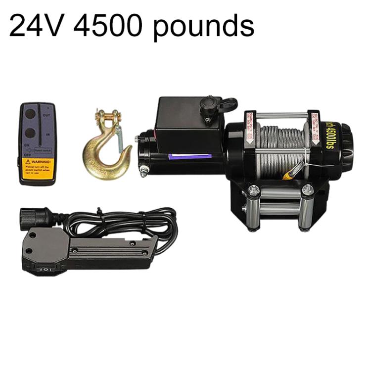 24V 4500-lb electric winch kit with wireless remote, hook, and control wiring