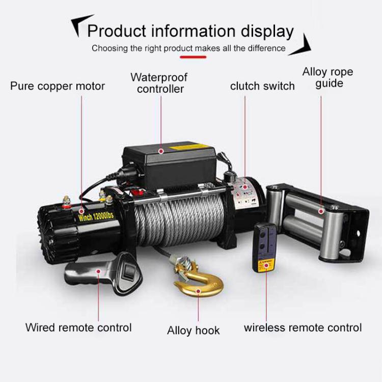 Electric winch with wireless and wired remotes, alloy hook, and control cables