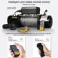 Electric winch showing wired and wireless remote controls and gold hook