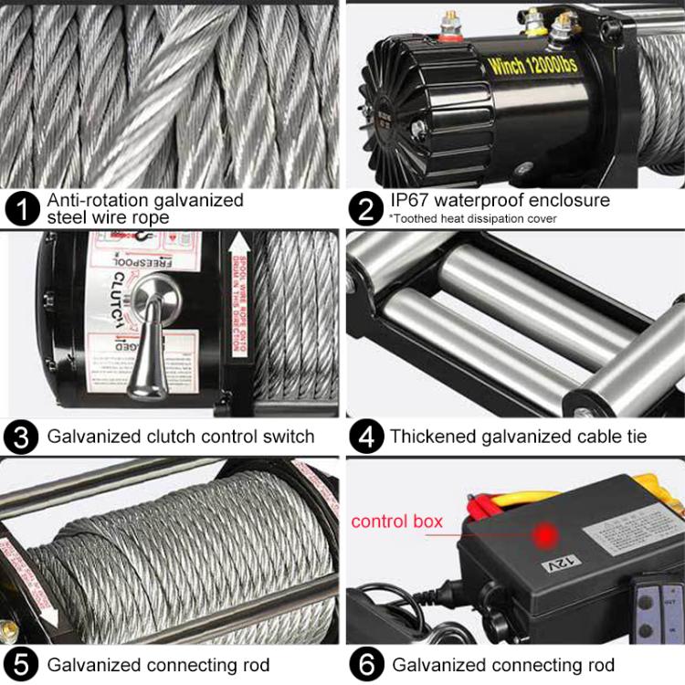 Electric winch with galvanized steel wire rope, waterproof enclosure, and control box