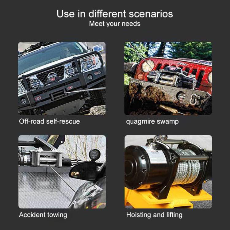 Electric car winch mounted on vehicle with steel cable for towing and lifting