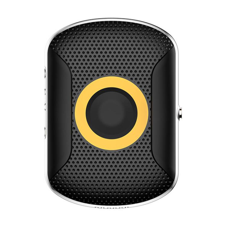Black 4G GPS location tracker key fob with yellow circular button detail