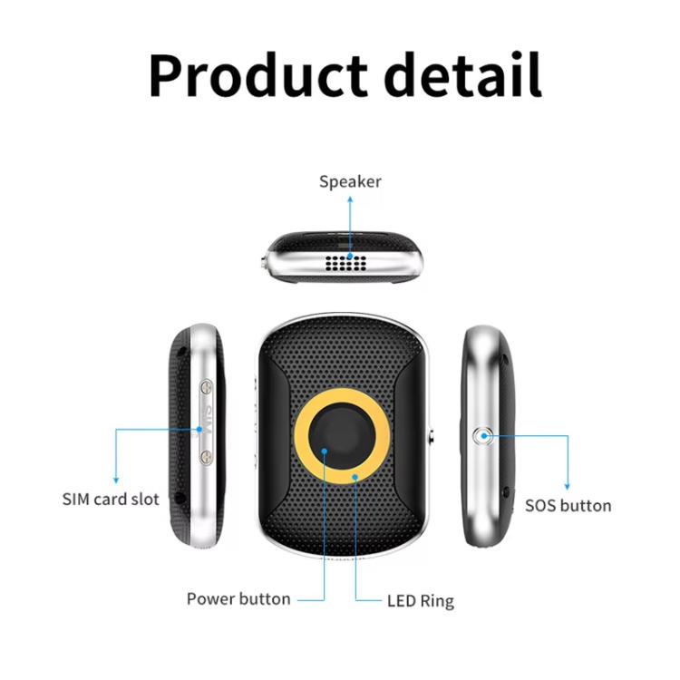 GPS tracker showing side buttons, SIM card slot, SOS button, and LED ring detail