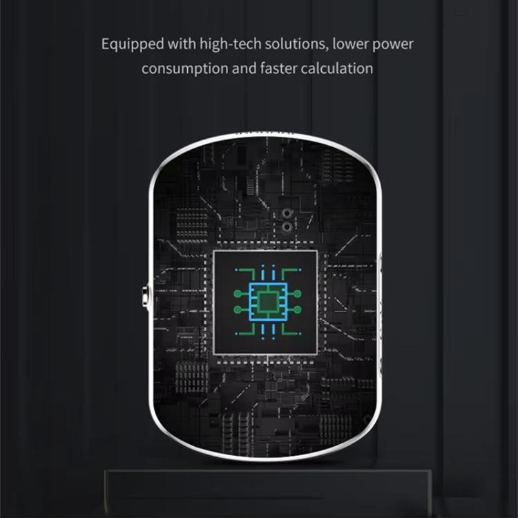 Black 4G GPS tracker with white frame edge, circuit-style display on back