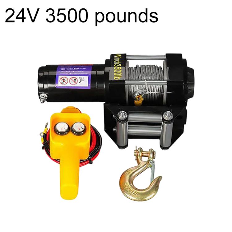 24V 3500 lb car electric winch with yellow wired remote and alloy hook