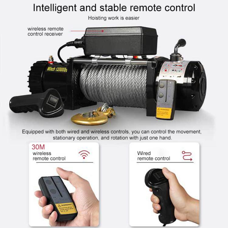 Electric winch system with wired and wireless remote control and metal hook