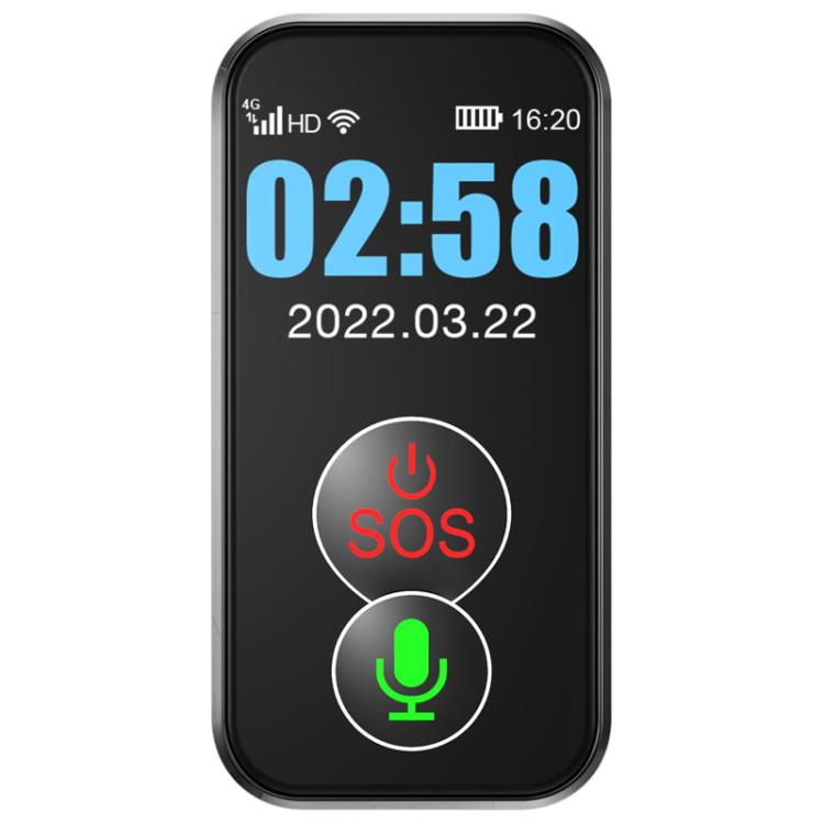 GPS location tracker front display with 02:58, date, SOS and green microphone icon