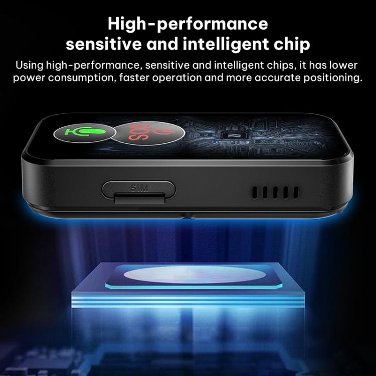 Compact GPS tracker with visible SIM slot and side vents on black body