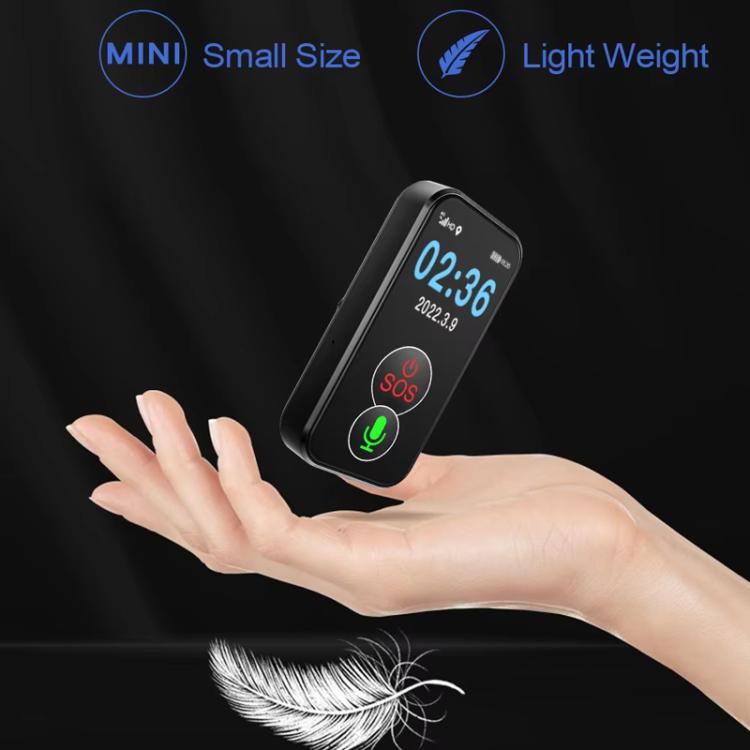 Small GPS tracker with 1.0-inch screen showing time, held in a hand