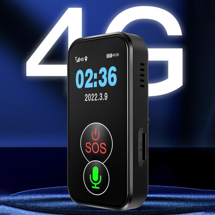 GPS location tracker front view with side profile, SOS icon and green microphone indicator