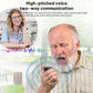 Two-way voice communication promo showing an elderly person calling on a smartphone
