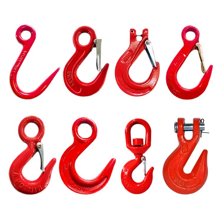 Assorted red alloy lifting hooks with safety latches
