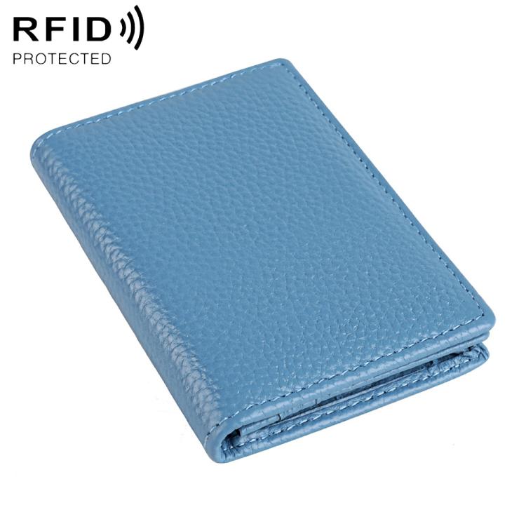 RFID genuine leather business card holder, light blue