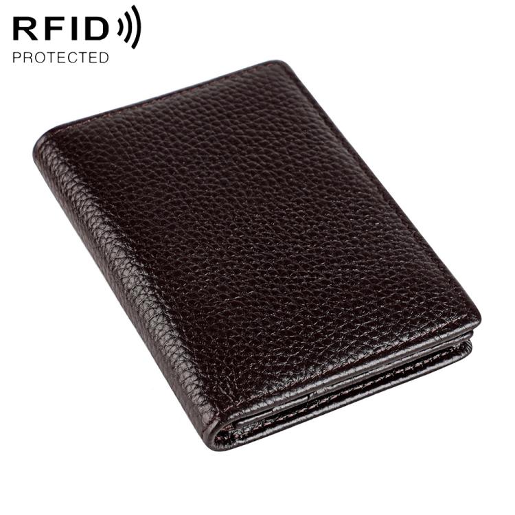 Dark brown genuine leather business card holder with RFID protection, folded design