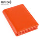Orange genuine leather business card holder with RFID protection, folded design