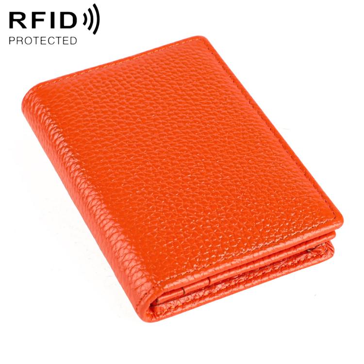 Orange genuine leather business card holder with RFID protection, folded design