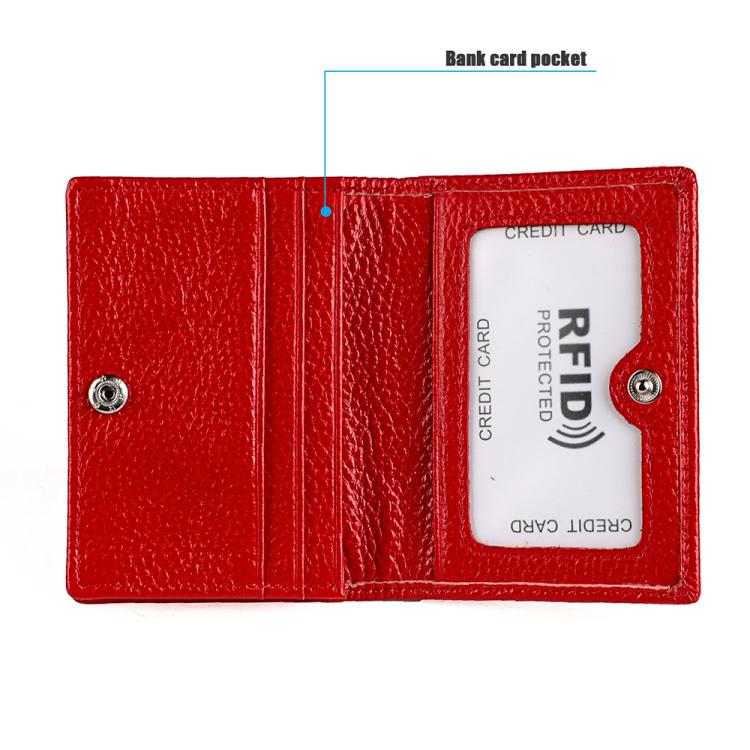 Red genuine leather card holder wallet with interior pockets and RFID card window