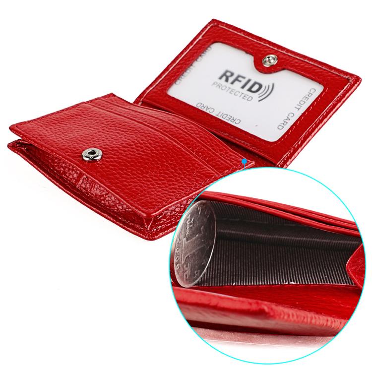 Red genuine leather RFID card holder wallet with snap button and card pocket