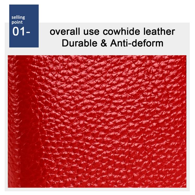 Red textured genuine leather card holder surface close-up