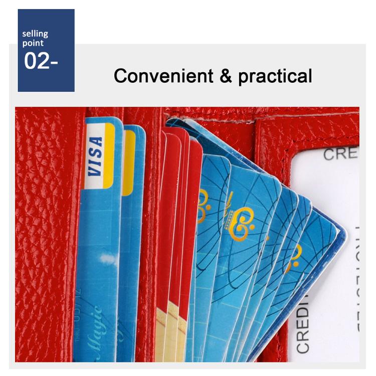 Red genuine leather card holder with multiple cards stored in pockets