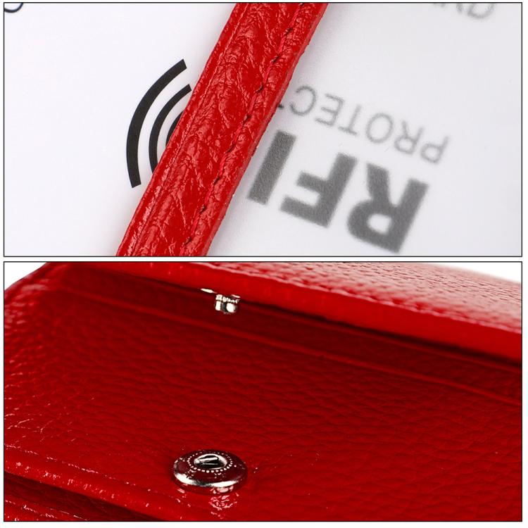 Red genuine leather RFID card holder with snap closure and RFID label