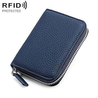 Dark blue genuine leather RFID coin purse with zip and keyring loop