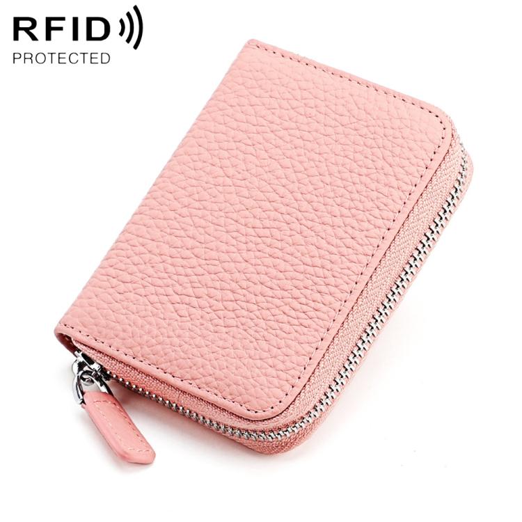 Pink genuine leather RFID coin purse with zip and keyring loop