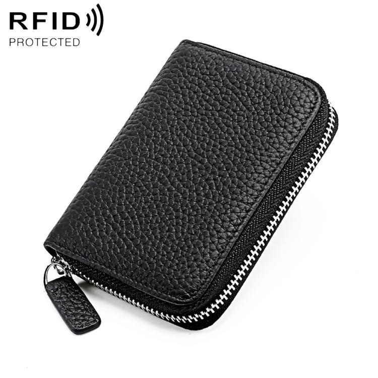 Black genuine leather RFID coin purse with zip and keyring loop