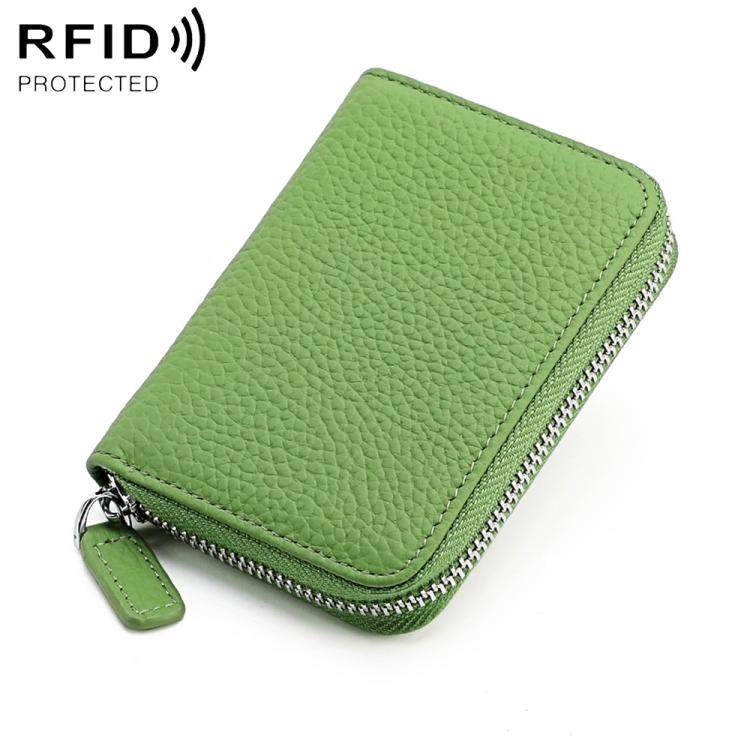 Green genuine leather RFID zip coin purse with metal zipper and wrist strap
