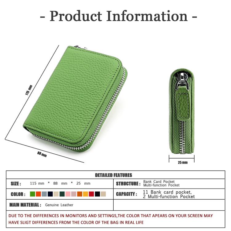 Green genuine leather RFID zip coin purse with metal zipper and wrist strap