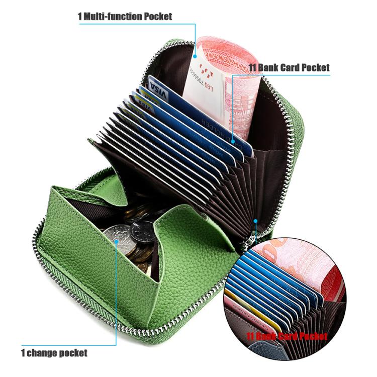 Green RFID leather zip coin purse open, showing multi card slots and coin pocket