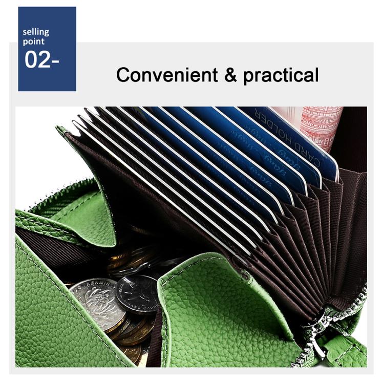 Green RFID leather zip coin purse interior with card pockets and coin compartment