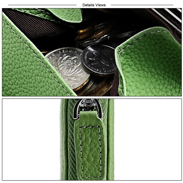 Green RFID leather coin purse detail with coins and metal zipper keyring loop