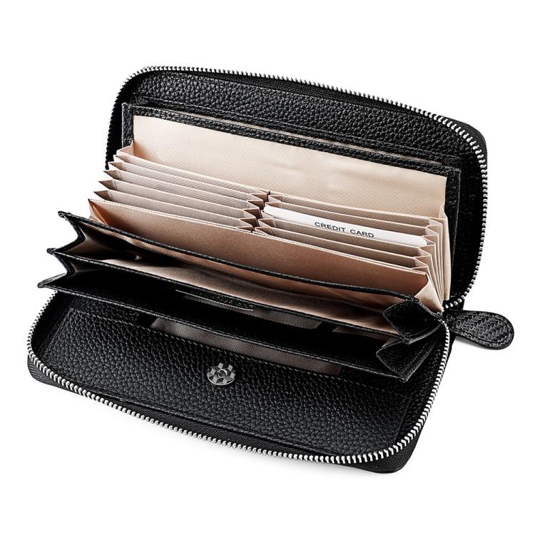 Black genuine leather RFID coin purse open, showing card slots and zip compartment