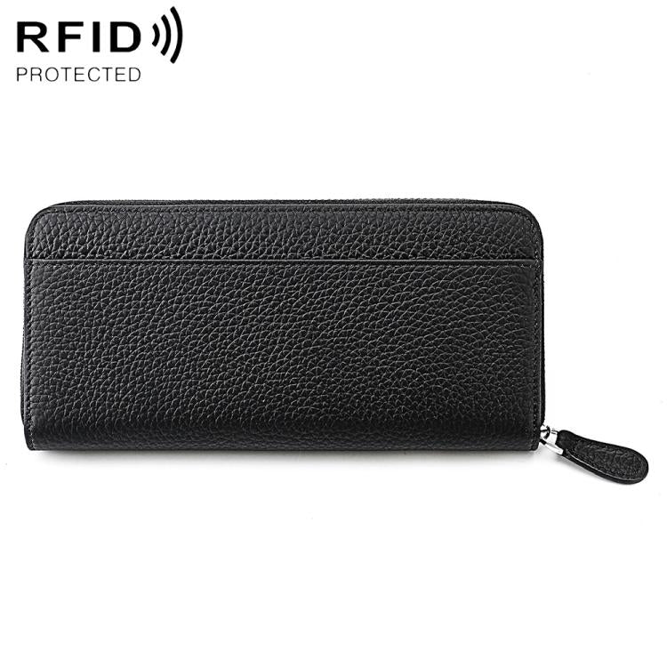 Black genuine leather RFID coin purse with textured finish and zip closure