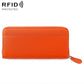 Bright orange genuine leather RFID coin purse with zipper and matching wrist strap