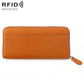 Orange genuine leather RFID coin purse with zip closure and wrist strap