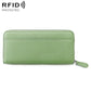 Light green genuine leather RFID coin purse with zip closure and wrist strap